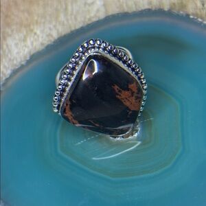 925 Silver Plated Mahogany obsidian Chunky Boho Ring